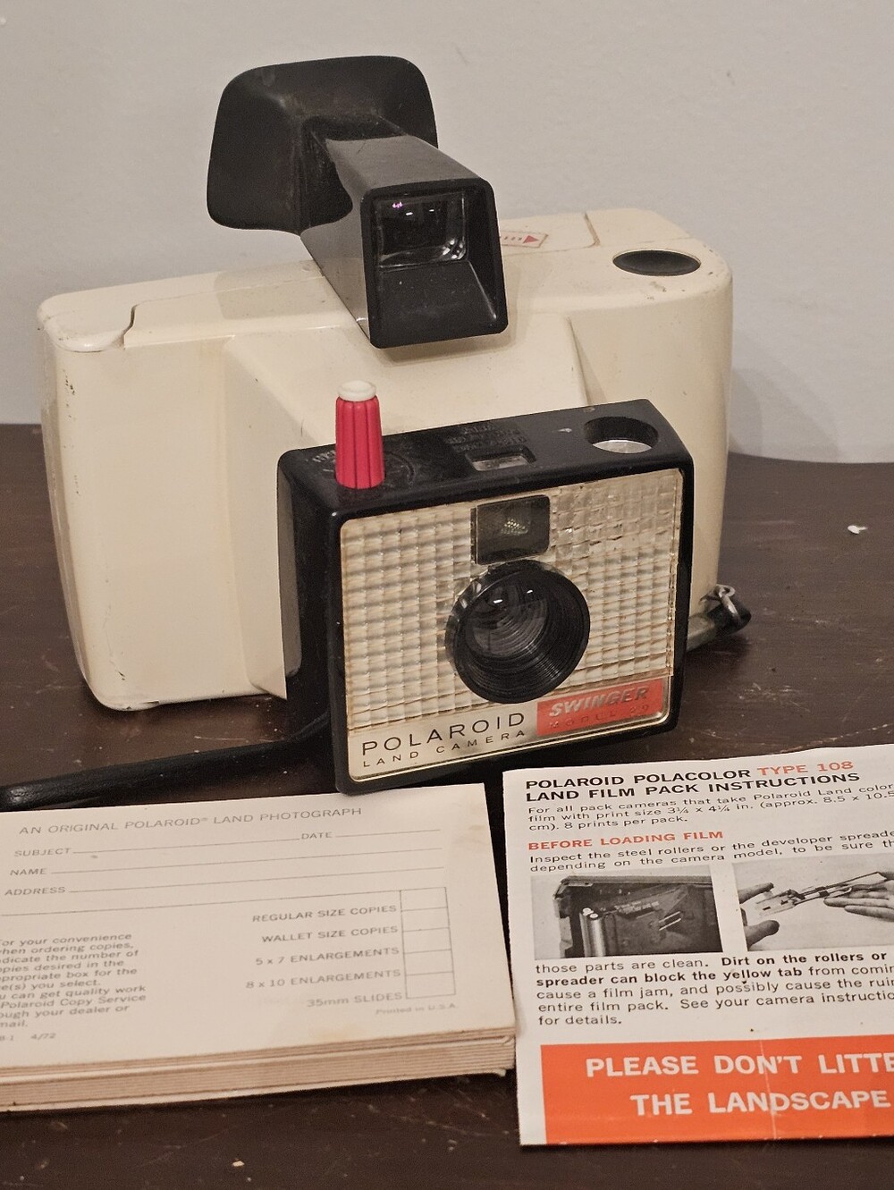 Polaroid Land Camera in Cream, Black and Red Accent